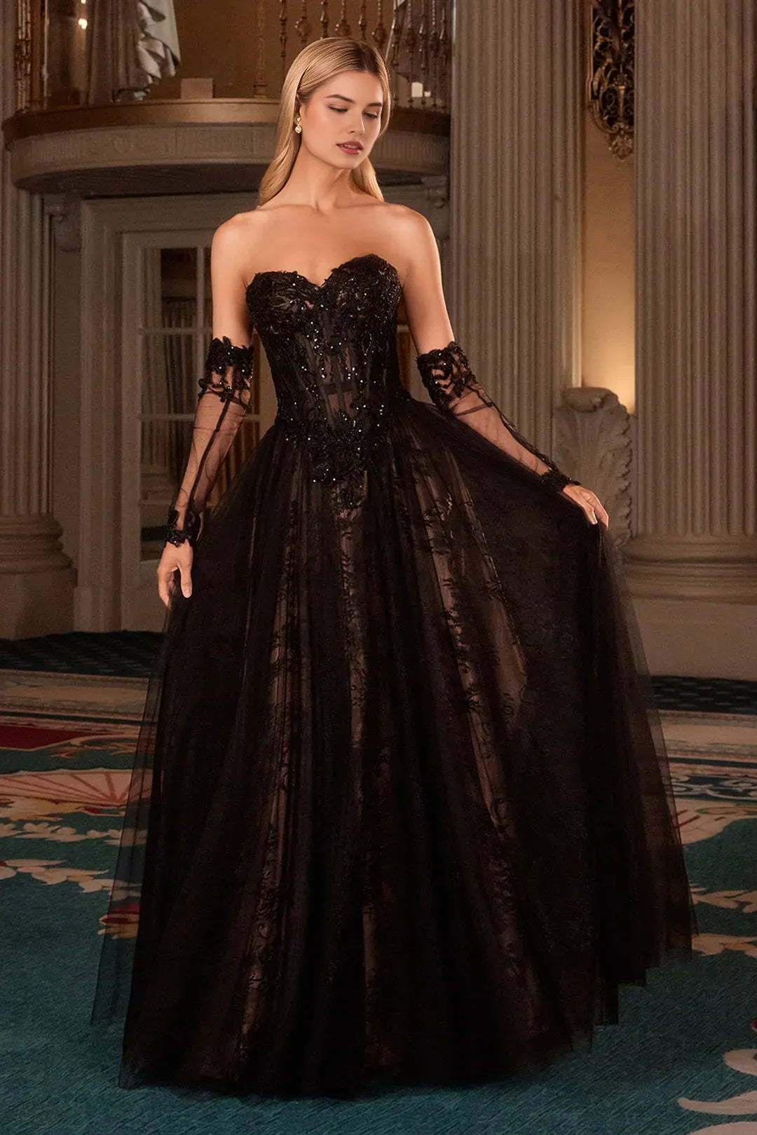 Sexy Black A-line illusion sweetheart Strapless embroidered lace Lace Up Floor length prom dress hot sale