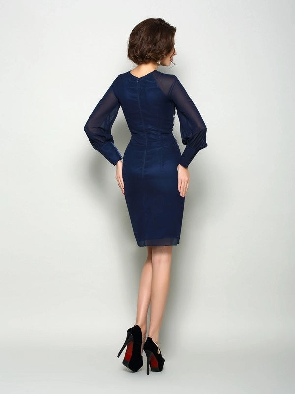 Sheath Chiffon High Neck Long Sleeves Knee-Length With Beading Mother of the Bride Dresses
