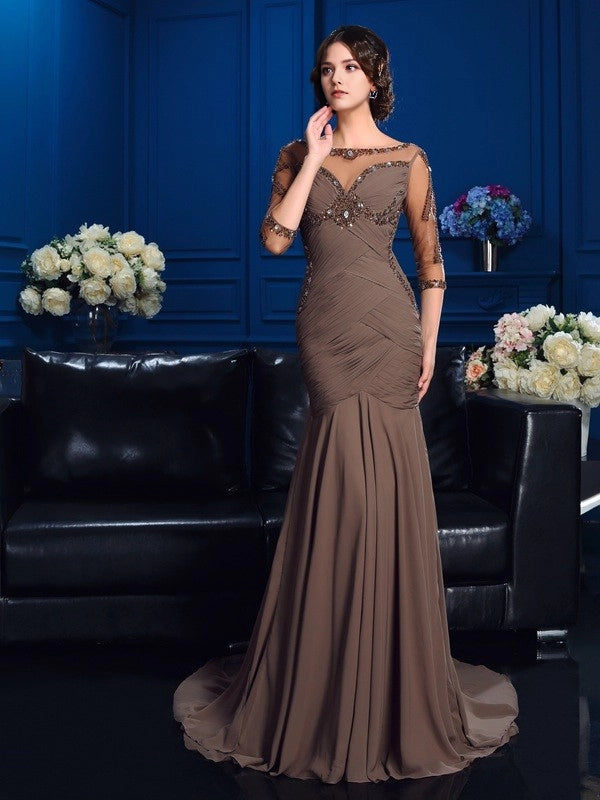Sheath Chiffon Scoop 3/4 Sleeves Court Train With Beading Mother of the Bride Dresses