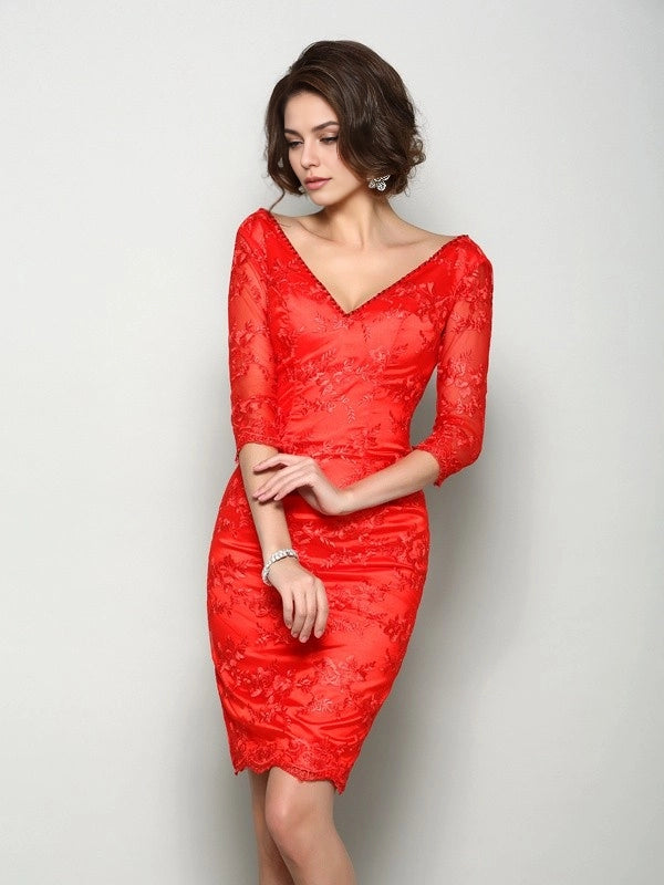 Sheath Lace V-neck 1/2 Sleeves Knee-Length With Lace Mother of the Bride Dresses