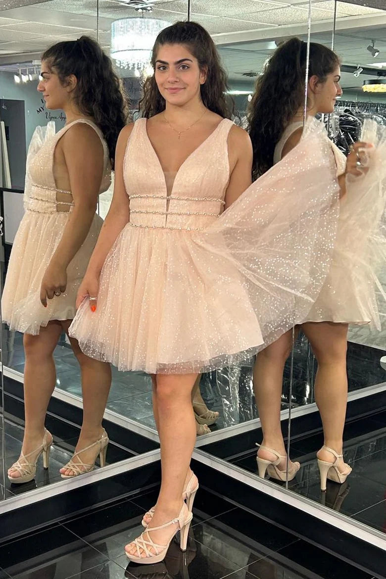 Shiny V-neck A-line short back to school dress
