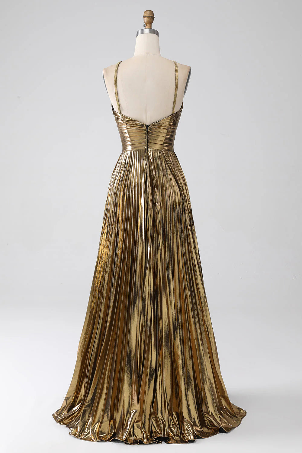 Shiny metal A-line hollow pleated long dress with slit for the ball