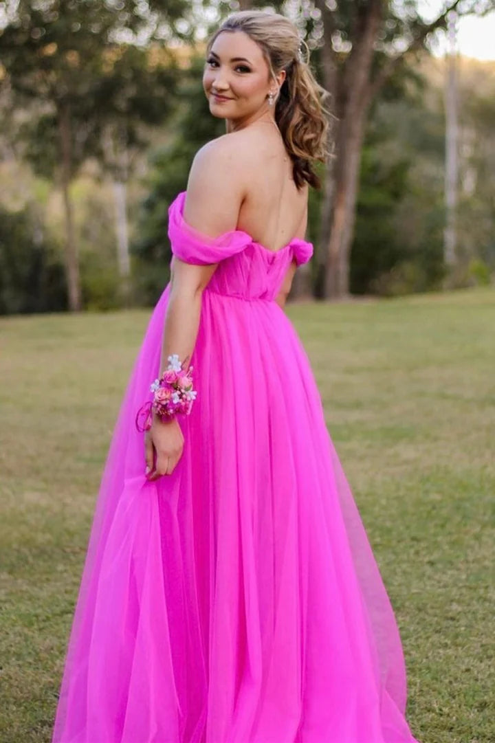 Shoulder baring full A-line ball gown