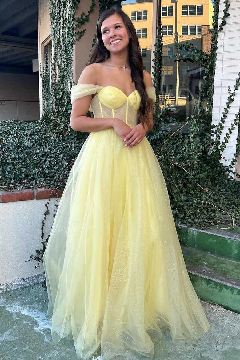 Shoulder baring full A-line ball gown