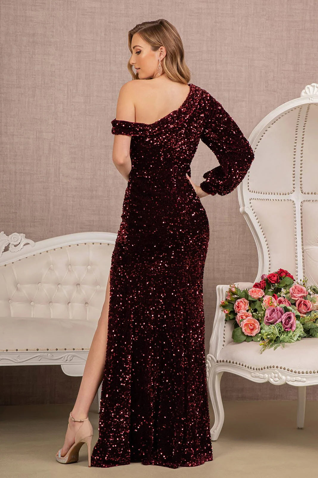 Single shoulder long sleeved off shoulder mermaid dress with side slit and sequins