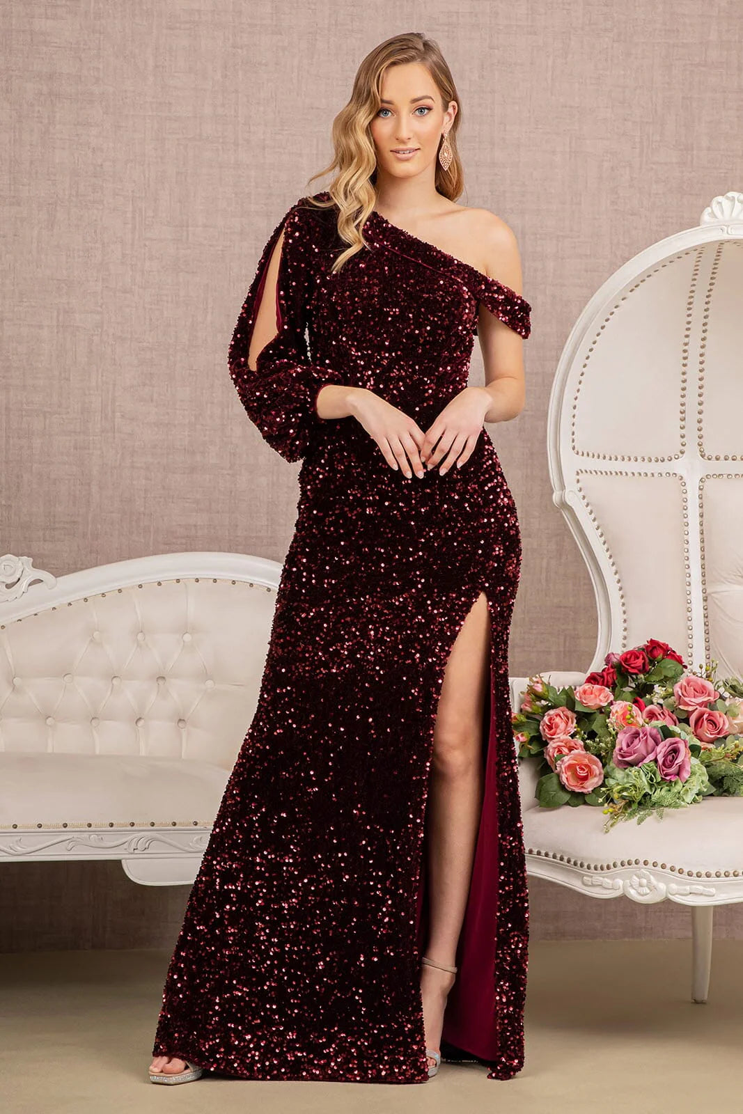 Single shoulder long sleeved off shoulder mermaid dress with side slit and sequins