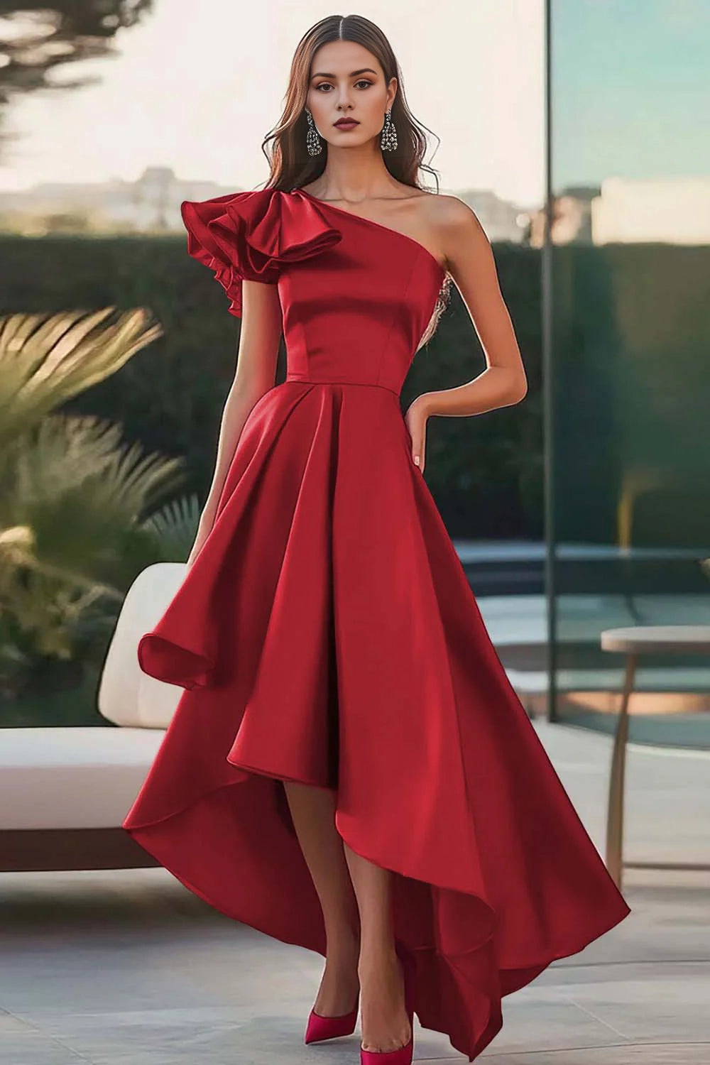 Single shoulder satin A-line high-low formal dress