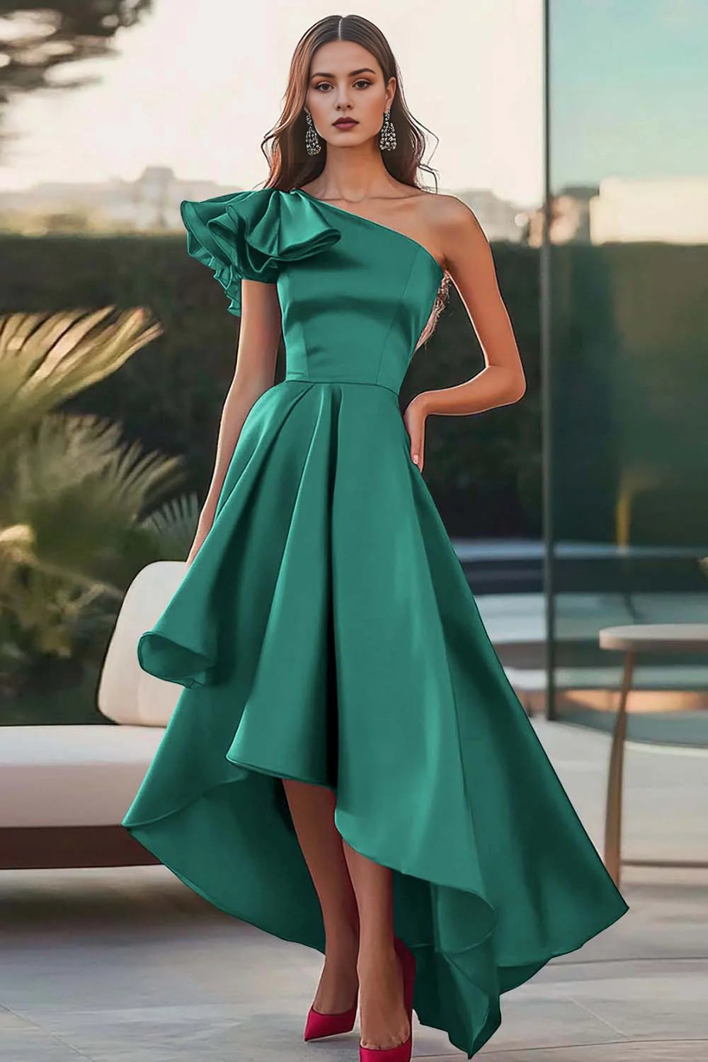 Single shoulder satin A-line high-low formal dress
