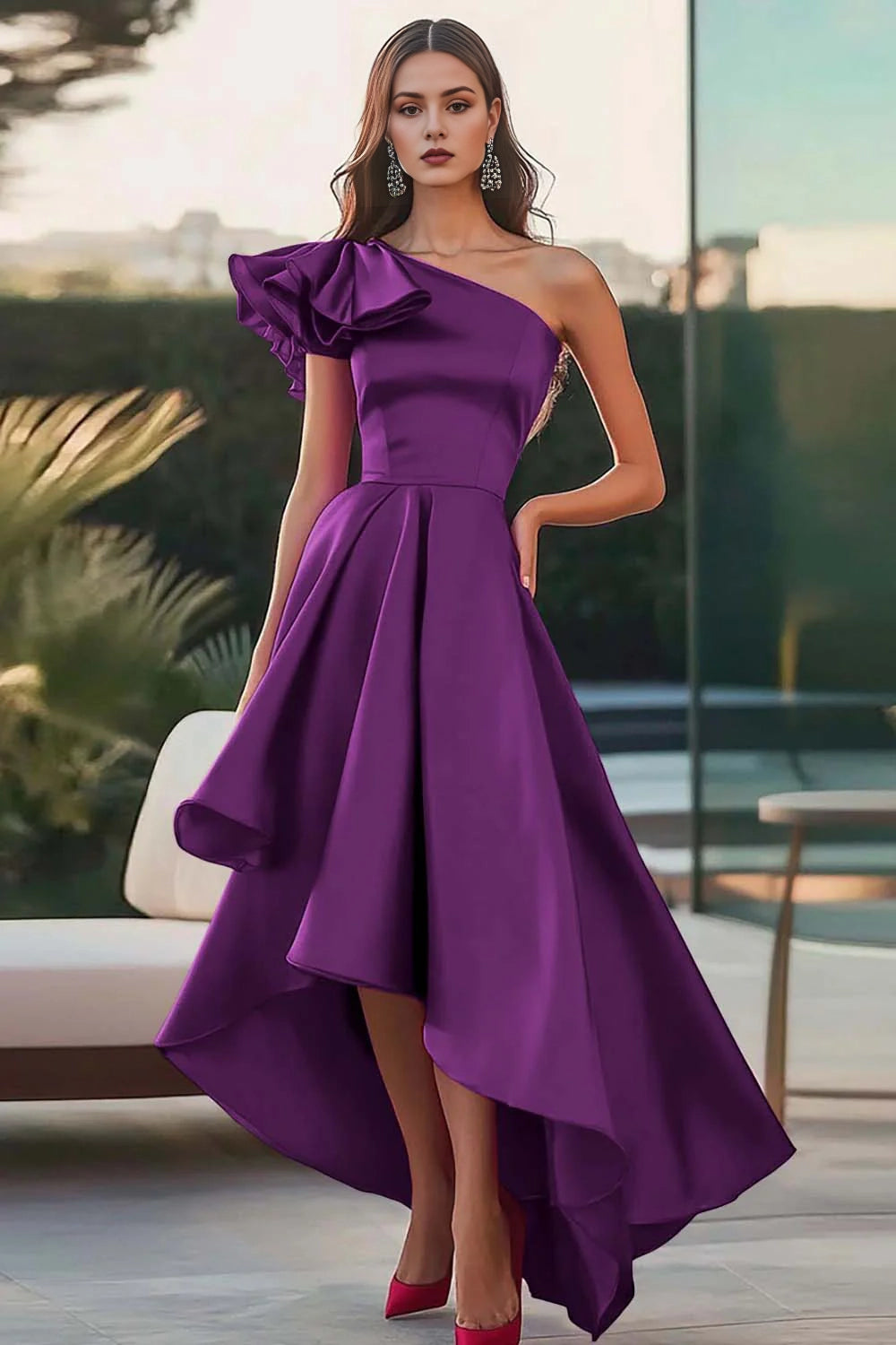 Single shoulder satin A-line high-low formal dress