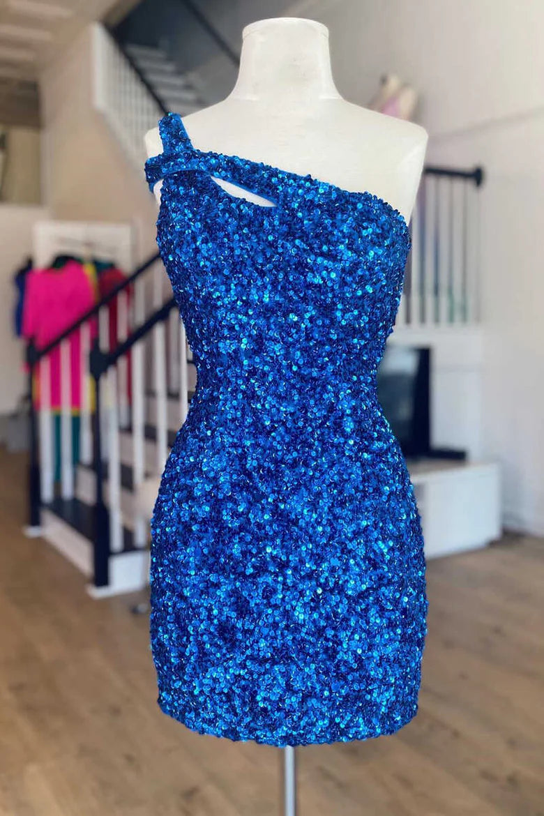 Single shoulder sequin keyhole mini back to school dress