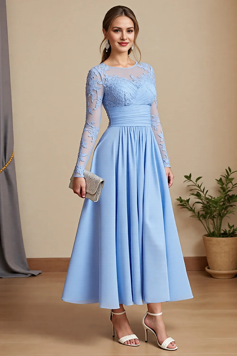 Sky Blue A Line Long Sleeve Mother Of The Bride Dress With Appliques