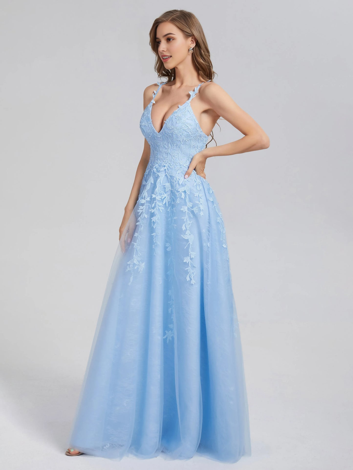 Sky Blue Tulle V-neck Backless Appliques Prom Dress with Plunging Floral Lace and A - Line Silhouette