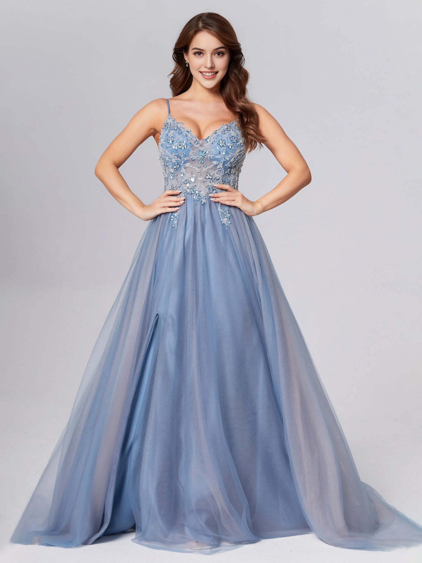 Slate Blue Tulle Backless Satin Prom Dress with Spaghetti Straps Beaded Lace Bodice and High Side Slit