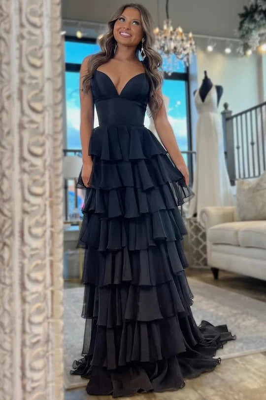 Spaghetti Straps V-Neck Layered Chiffon Sleeveless Long Prom Dress