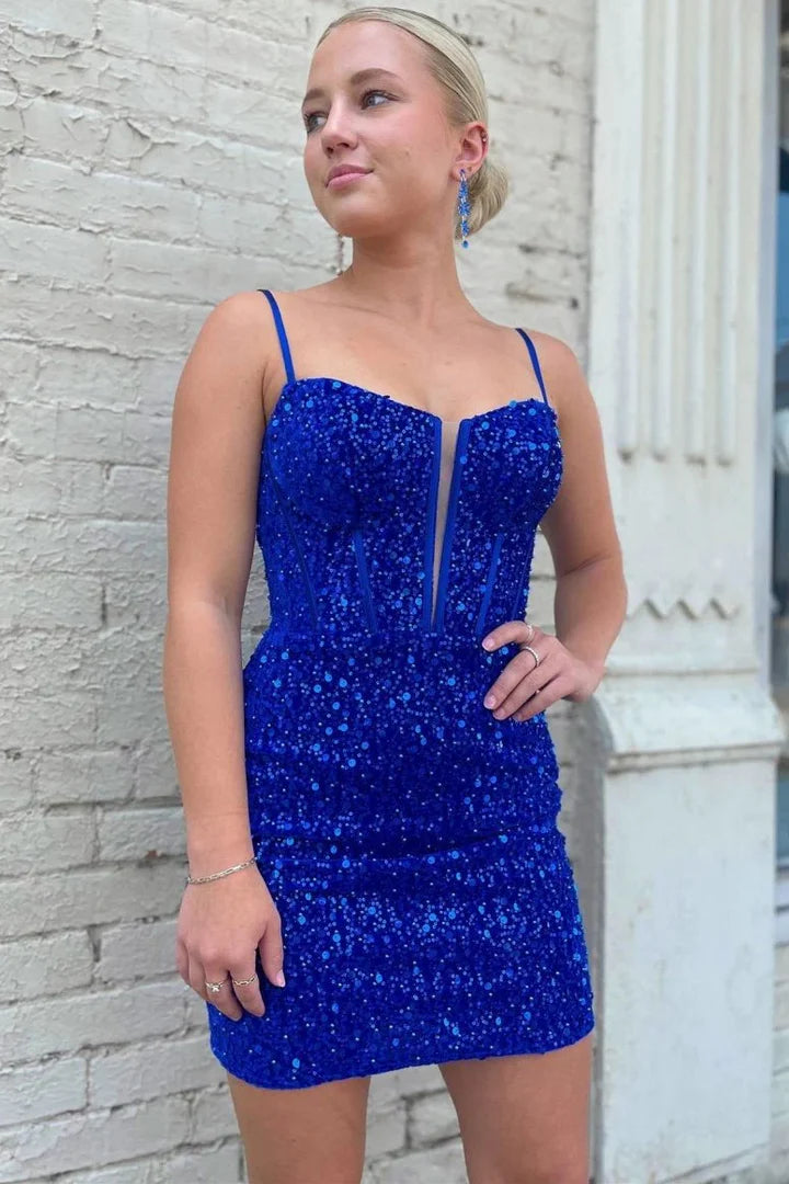 Spaghetti Straps V-Neck Sequined Sleeveless Short Homecoming Dress
