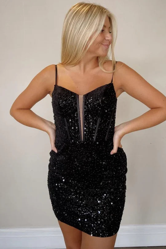 Spaghetti Straps V-Neck Sequined Sleeveless Short Homecoming Dress
