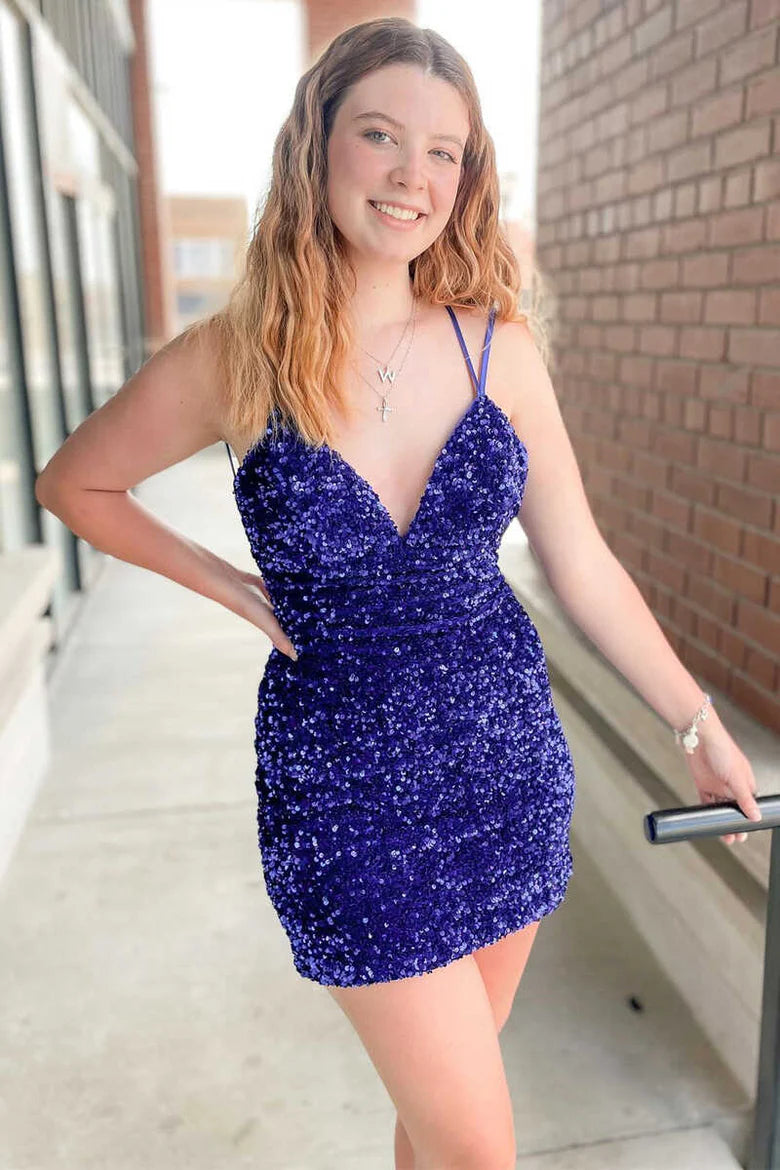 Sparkling V-neck lace up backless mini back to school dress