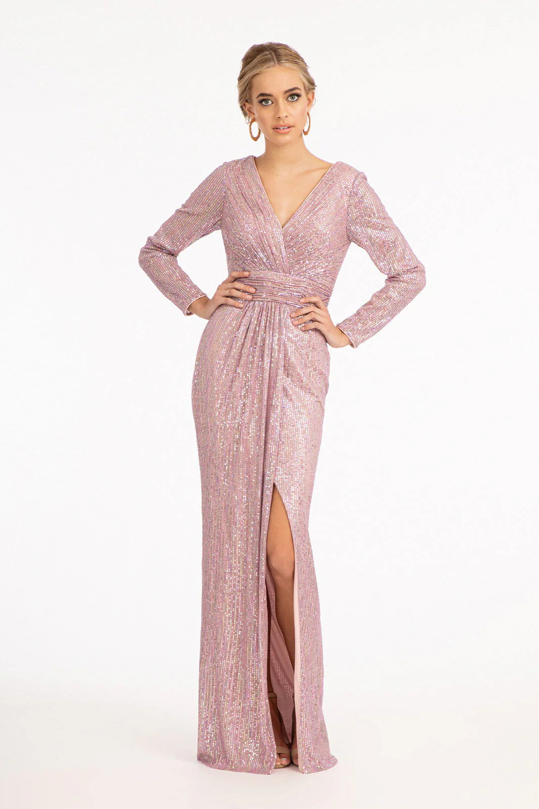 Sparkling mermaid V-neck long sleeved dress with side slit