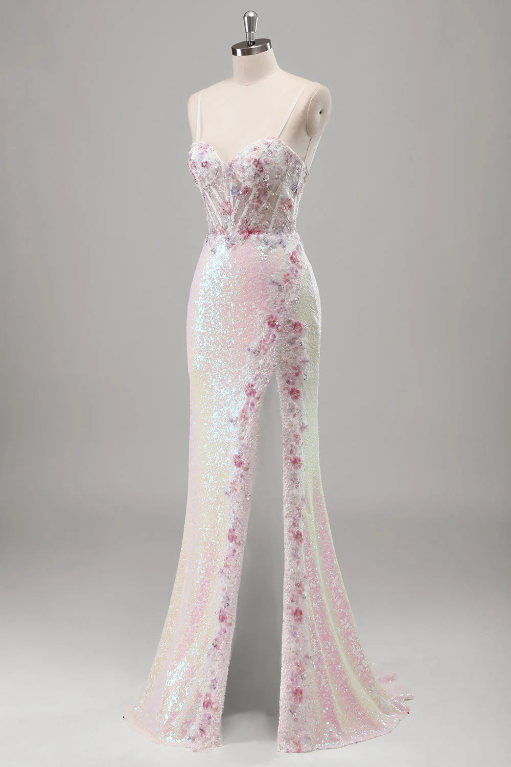 Sparkling pink mermaid sequin transparent tight corset backless long dress with floral stitching