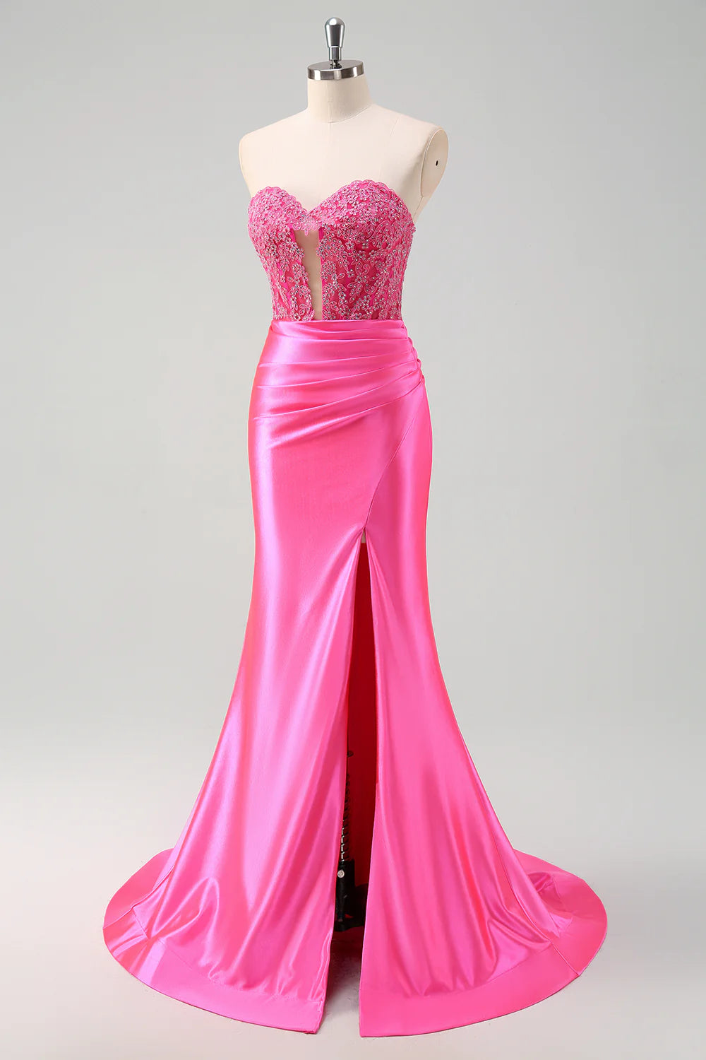 Sparkly Fuchsia Mermaid Strapless Pleated Prom Dress With Beading