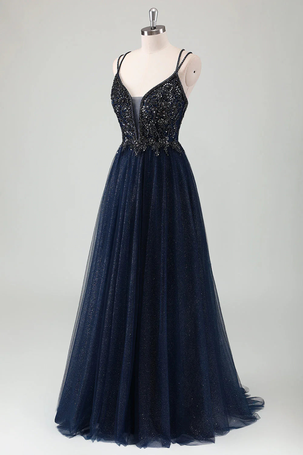 Sparkly Navy A-Line Spaghetti Straps Long Prom Dress with Sequins