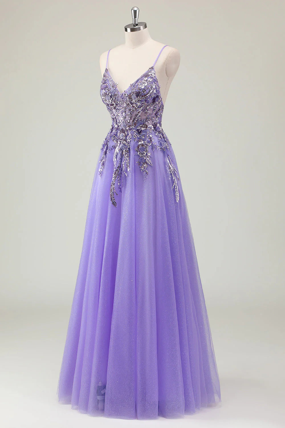 Sparkly Purple A-Line Corset Sequin Tulle Long Prom Dress with Appliques