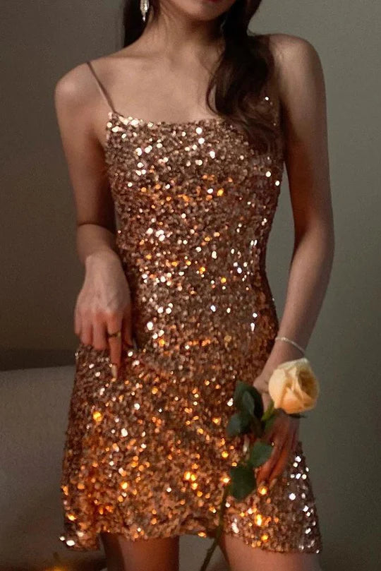 Sparkly Spaghetti Straps Gold Sequined Sleeveless Short Homecoming Dress