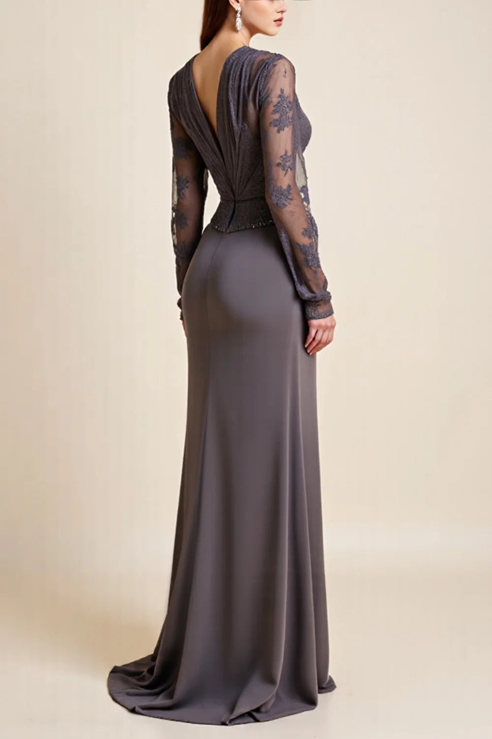 Steel Grey Mermaid Long Sleeves Ruched Mother Of The Bride Dress With Appliques