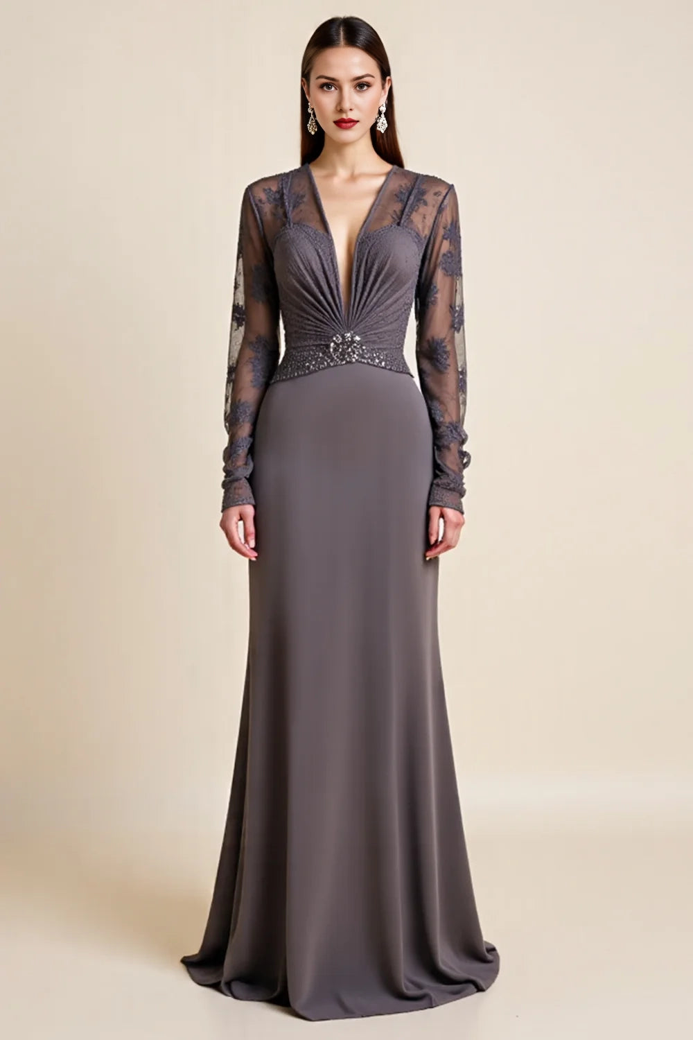 Steel Grey Mermaid Long Sleeves Ruched Mother Of The Bride Dress With Appliques