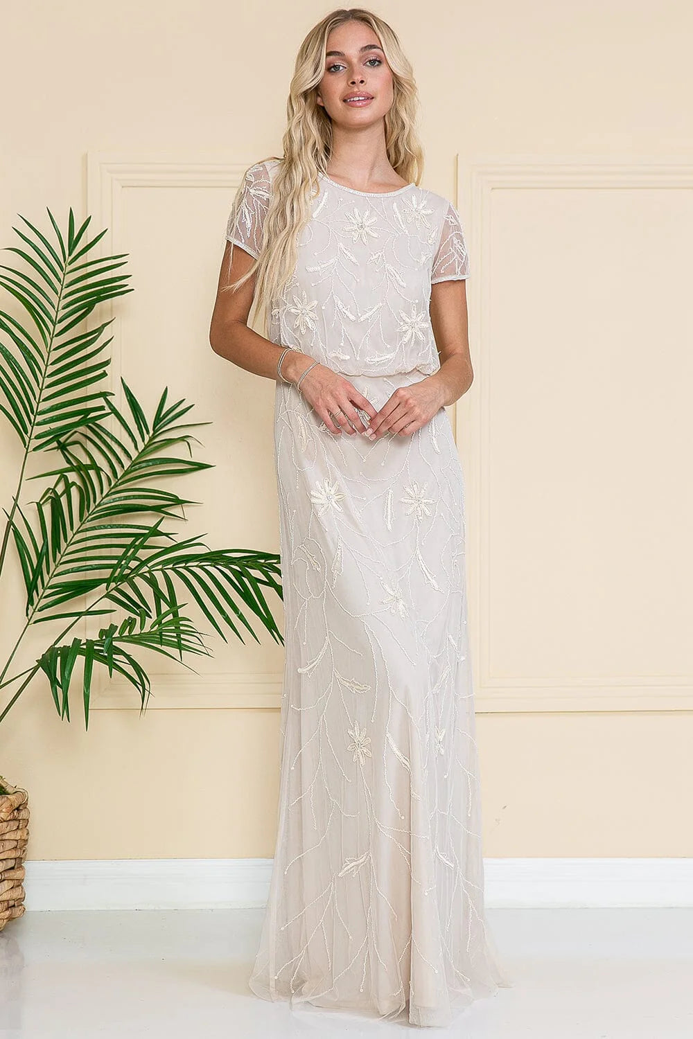 Straight round neck short sleeved sequined dress for brides and mothers