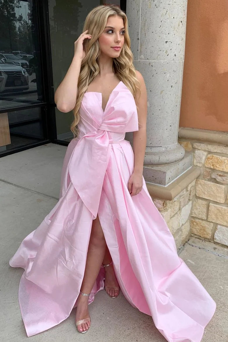 Strapless A-Line Big Bow Empire-Waist Satin Long Prom Formal Dress