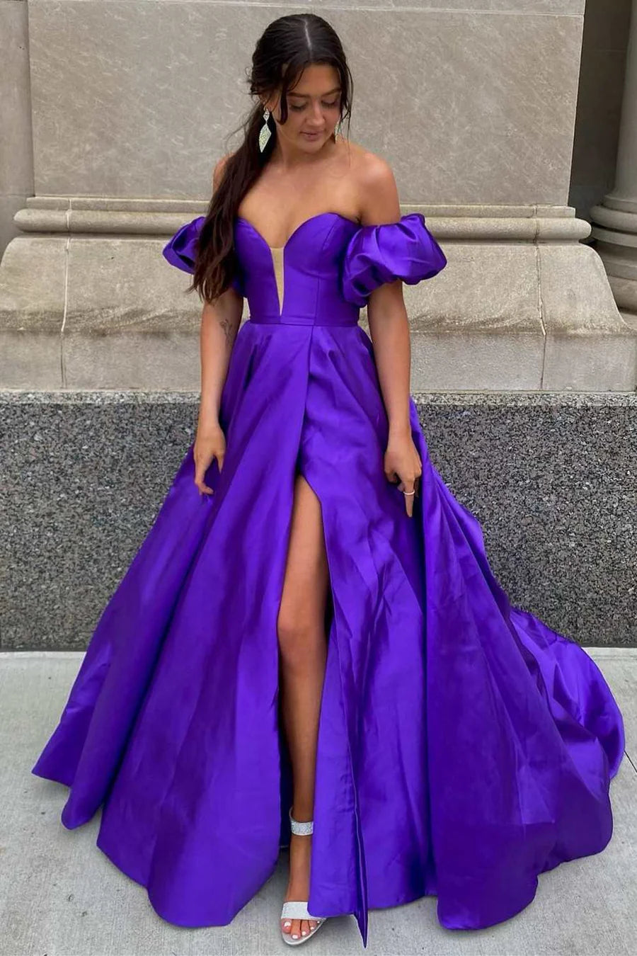 Strapless A-line long ball gown with bubble sleeves
