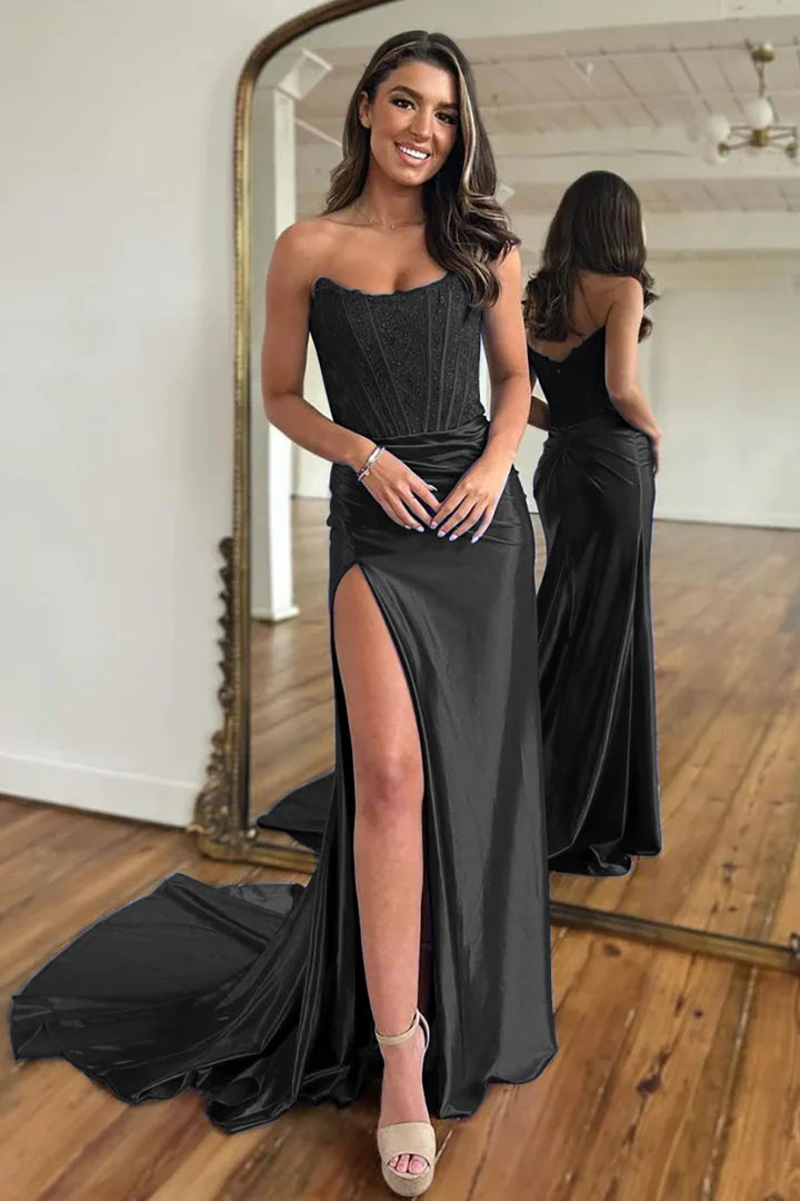 Strapless fishbone strapless side slit ball gown with tail