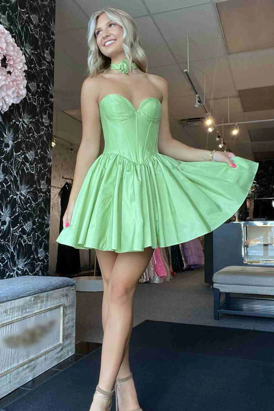 Strapless Satin Homecoming Dress with Flower
