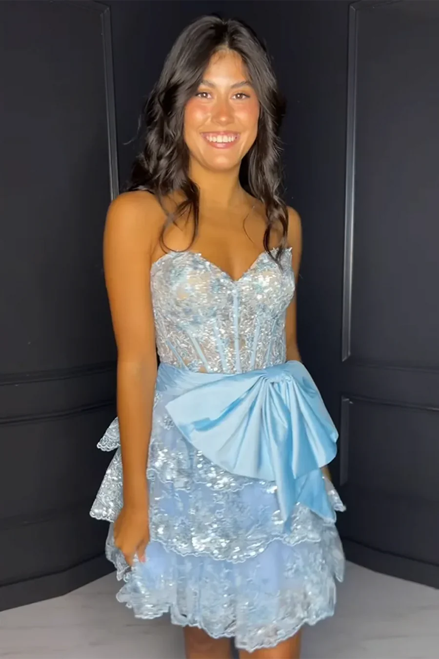 Strapless Sweetheart Tiered A-Line Sequins Appliques Homecoming Dress with Bow