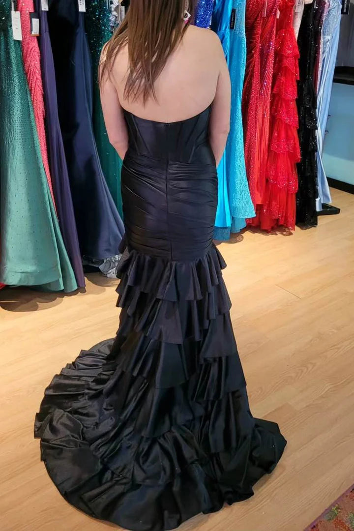Strapless V-Neck Pleated Satin Layered Long Prom Dress with Slit