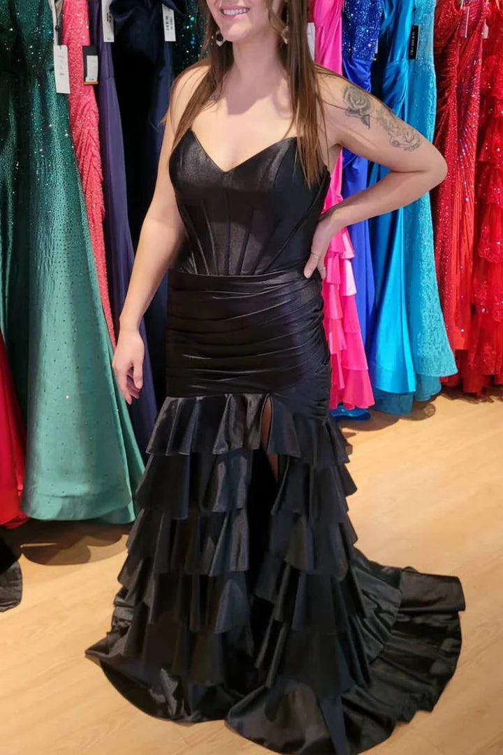 Strapless V-Neck Pleated Satin Layered Long Prom Dress with Slit