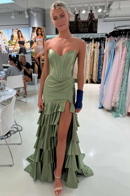 Strapless V-Neck Pleated Satin Layered Long Prom Dress with Slit
