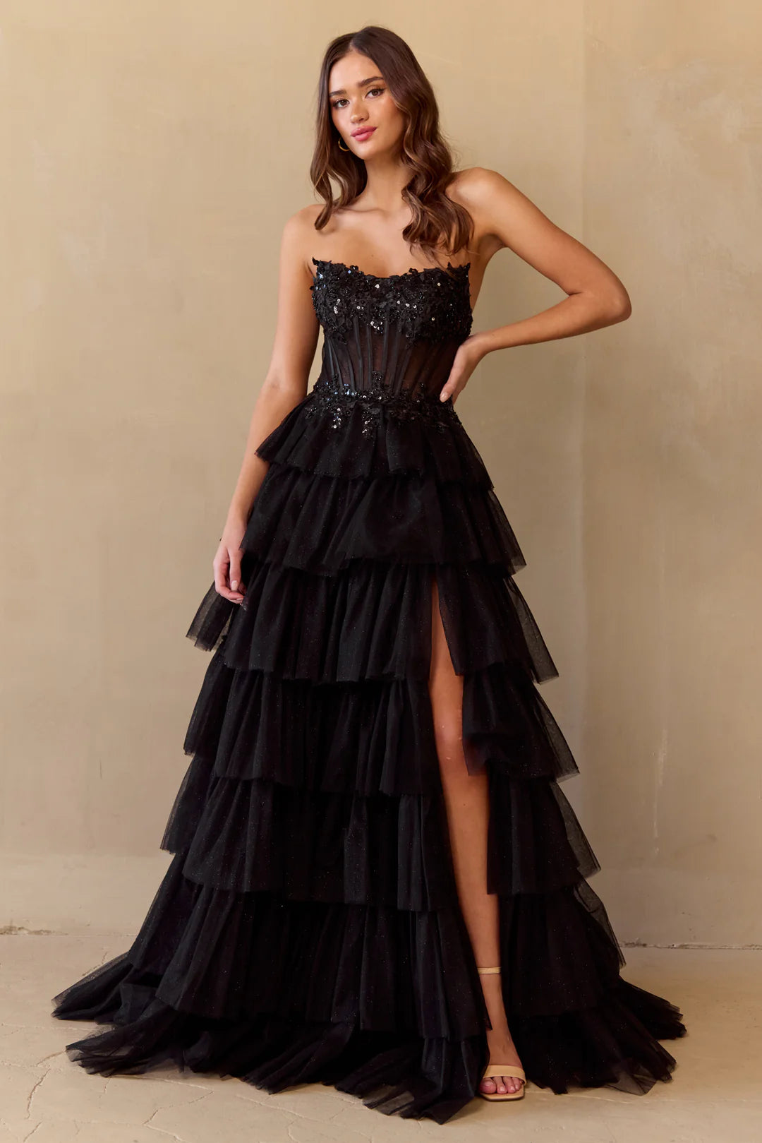 Strapless layered A-line dress with side slit