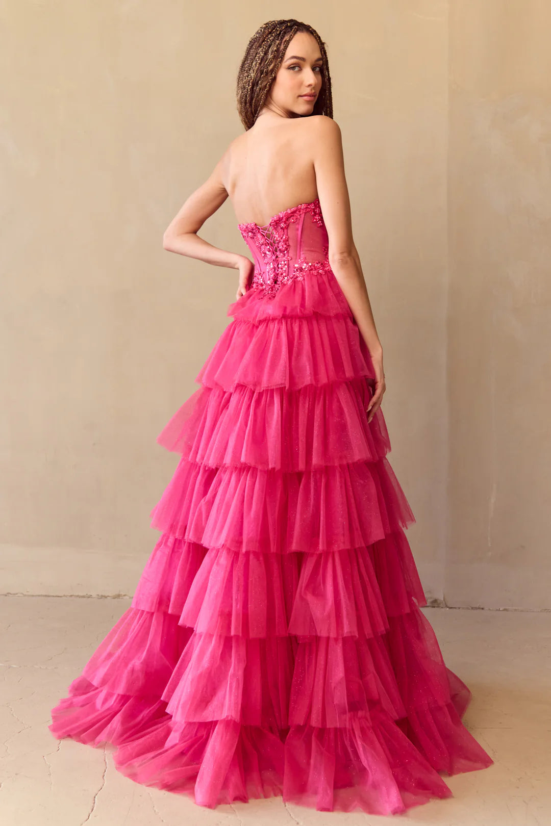 Strapless layered A-line dress with side slit