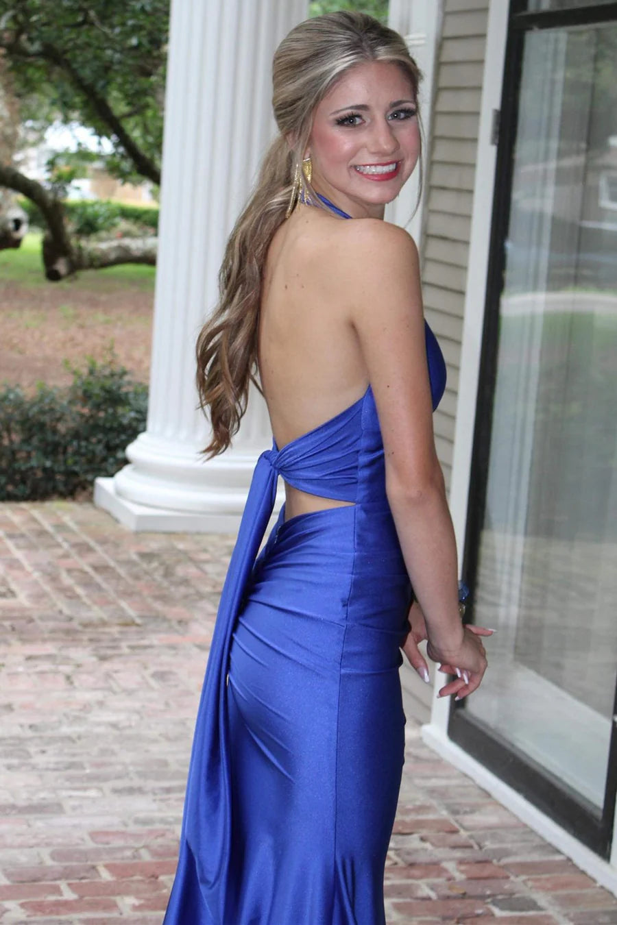 Strap up mermaid long ball dress with backless straps