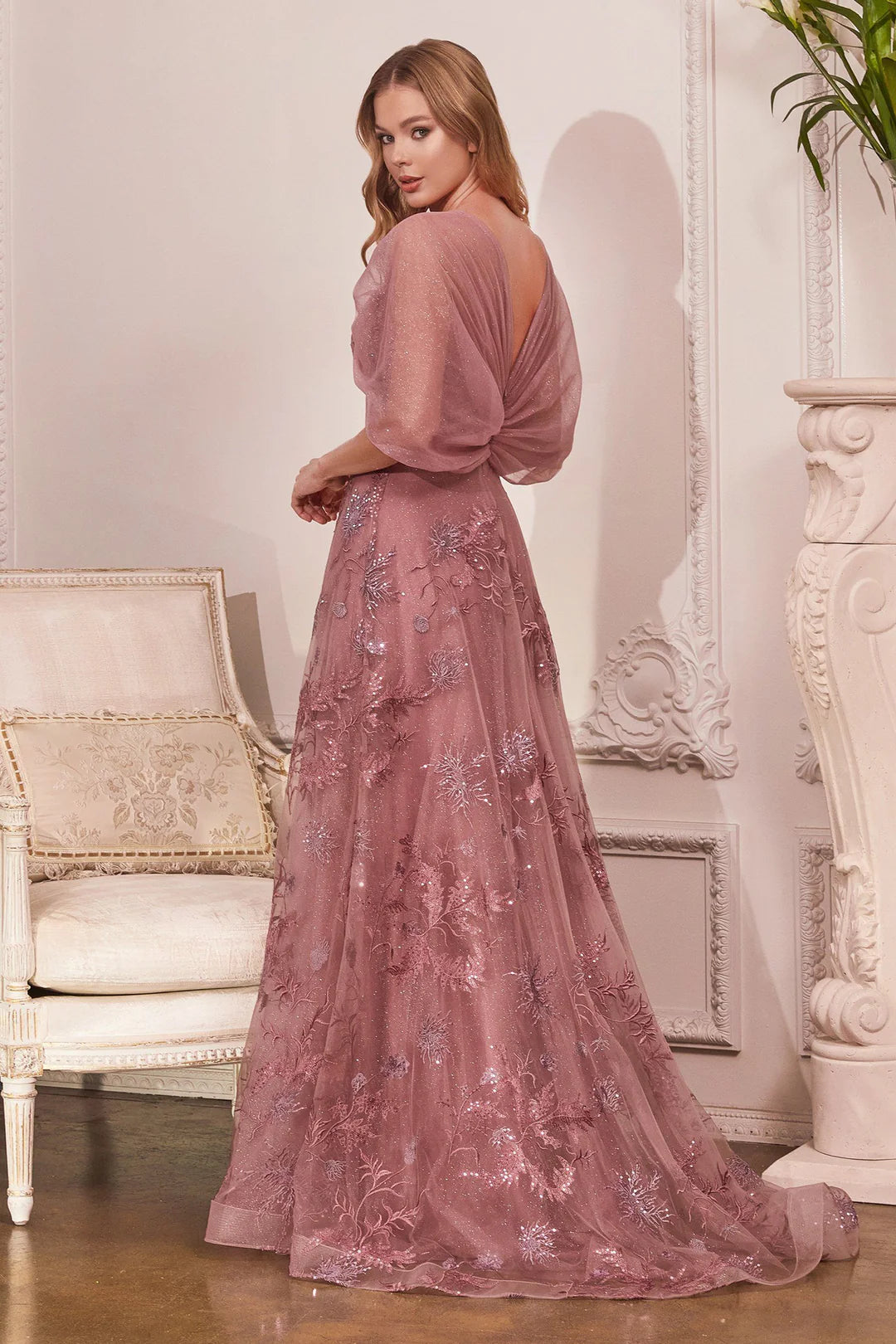 Stunning A-line strapless off shoulder dress with embroidered decals