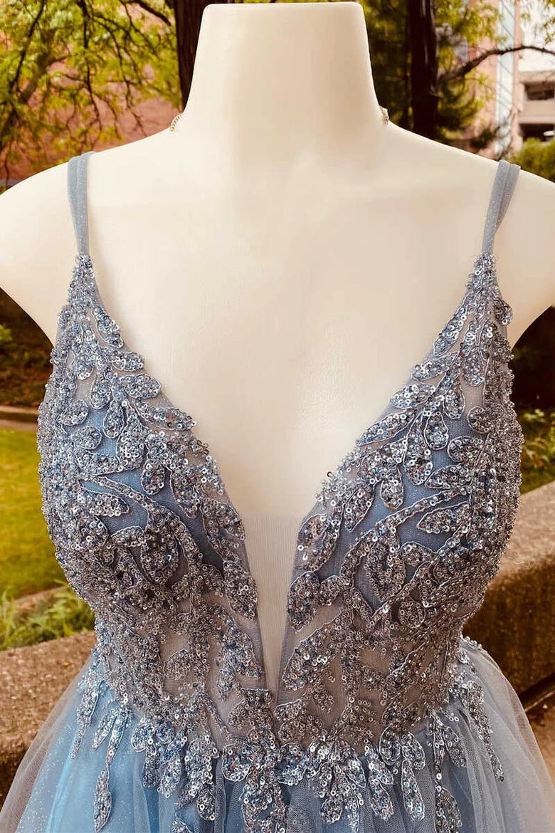 Stunning Blue Sequins Plunge Neck A-Line Short Homecoming Dress