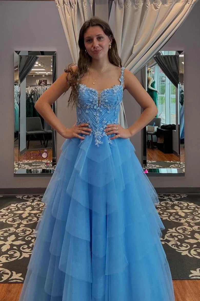 A-Line Spaghetti Straps V-Neck Empire-Waist Appliques Tiered Long Prom Dress