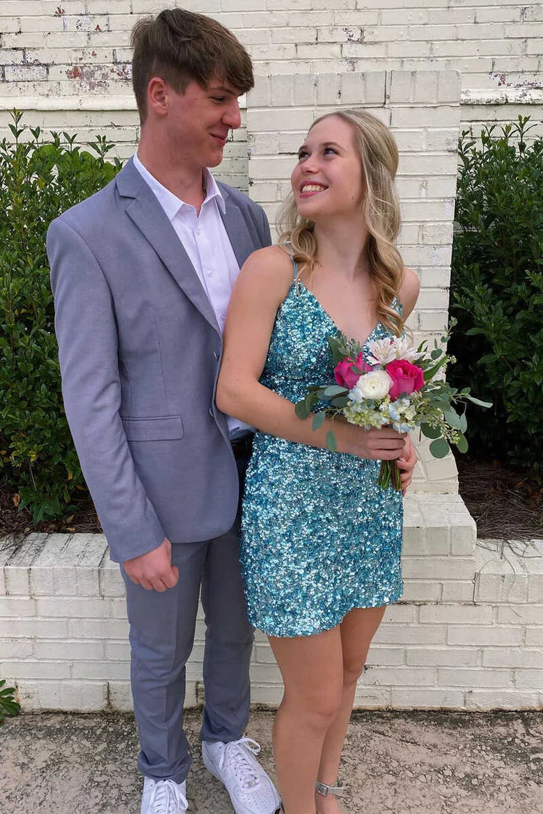 Tiffany Blue Sequin V-Neck Lace-Up Mini Homecoming Dress
