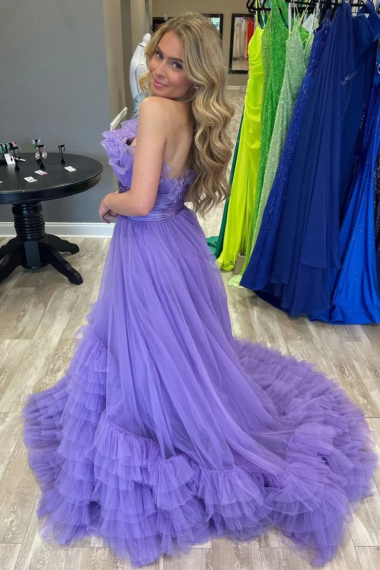 Transparent hard gauze strapless A-line layered pleated ball gown