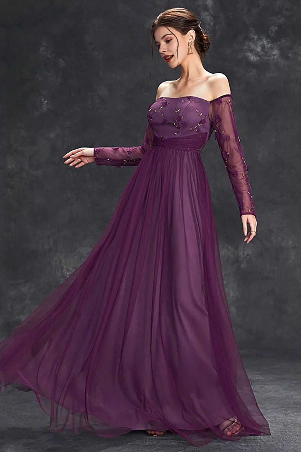 Tulle Off The Shoulder Dark Purple Formal Dress with Sleeves