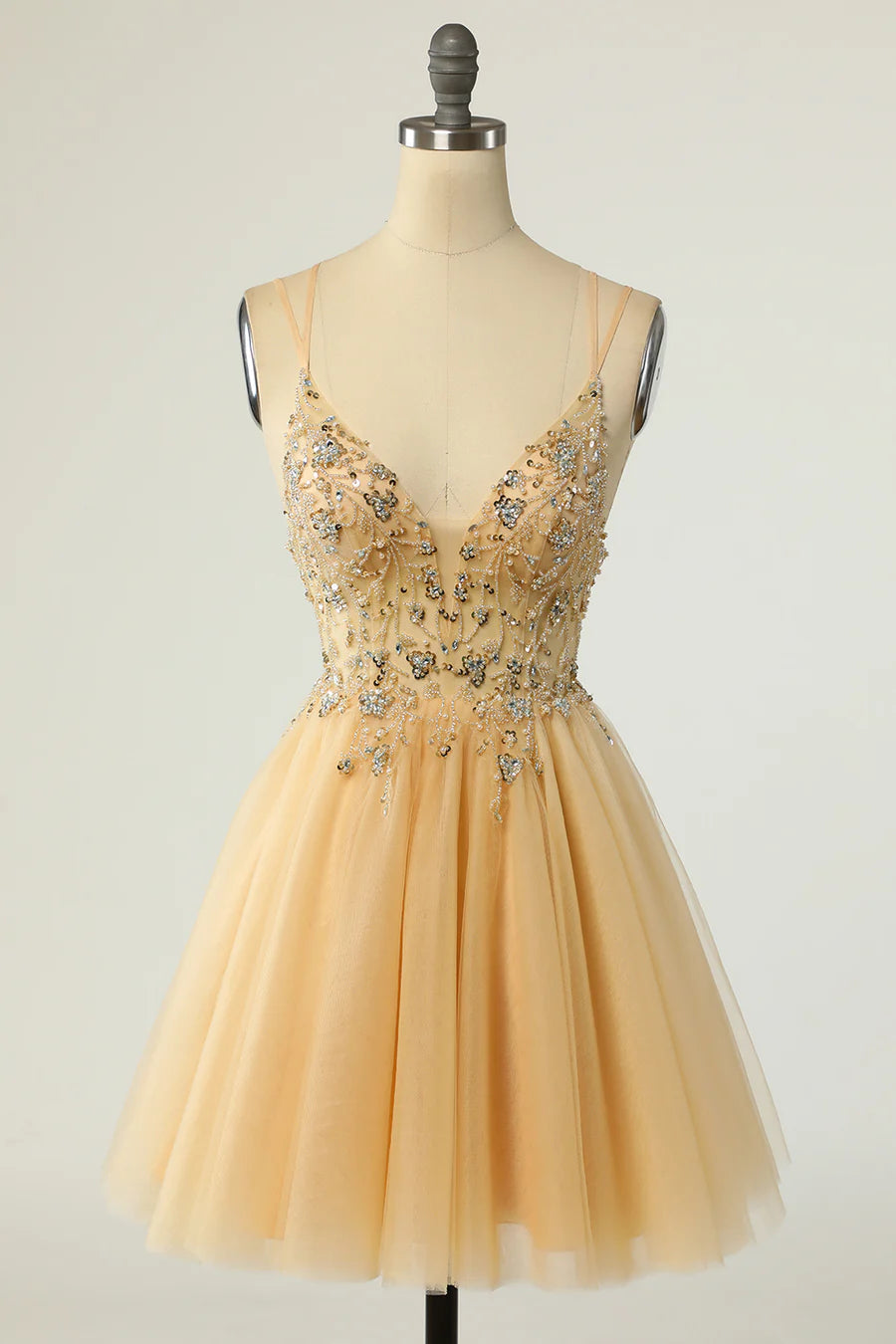 Tulle Plunge V A-Line Beaded Short Cocktail Dress