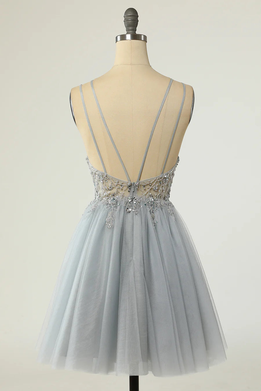 Tulle Plunge V A-Line Beaded Short Cocktail Dress