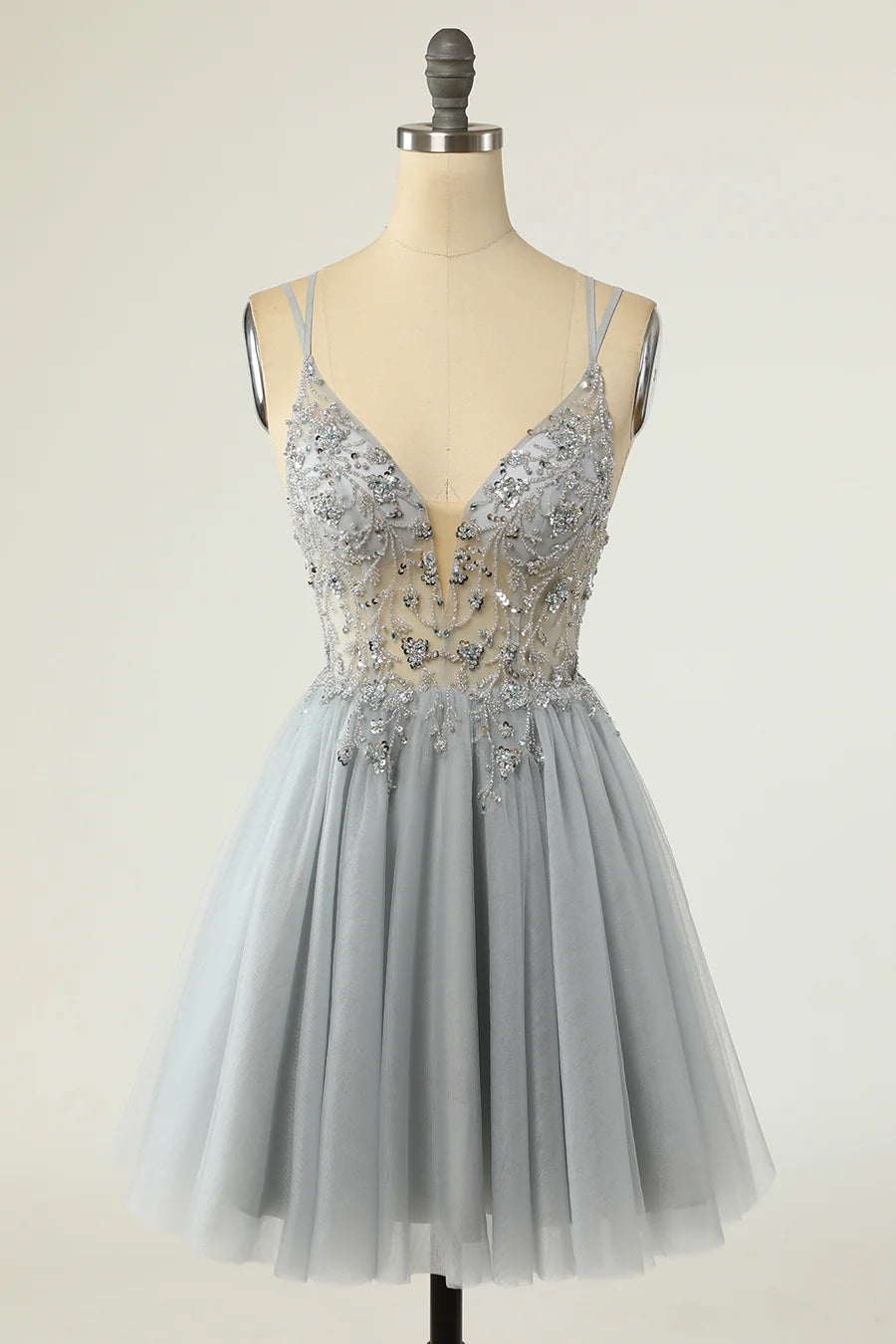 Tulle Plunge V A-Line Beaded Short Cocktail Dress